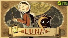 a cartoon character holding a lantern with a cat on it's back and the words lunaa written below