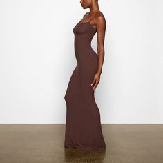 Soft Lounge Long Slip Dress - Cocoa | SKIMS Fitted Long Lounge Dresses, Skims Long Slip Dress Outfit, Loungewear Slip Dress With Built-in Bra And Spaghetti Straps, Skims Soft Lounge Long Slip Dress, Fitted Maxi Length Slip Dress With Built-in Bra, Soft Lounge Long Slip Dress, Comfy Lounge Wear, Long Slip Dress, Long Slip