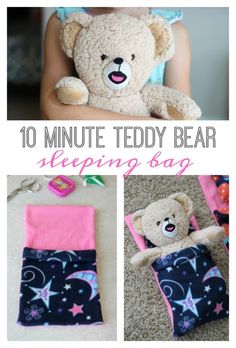 a teddy bear sitting in a sleeping bag with the words 10 minute teddy bear sleeping bag