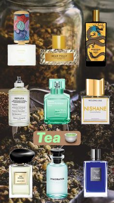 many different types of perfumes are shown in this collage