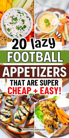 A collage of crowd pleasing side dishes parties, cheap meals, 
quick game day foods Finger Foods For Football Game, Gameday Foods Football, Fall Football Party Food, Game Day Finger Foods Appetizers, Football Foods For A Crowd, Packer Party Food, Easy Tailgate Snacks Finger Foods