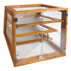 a wooden and glass display case with metal handles