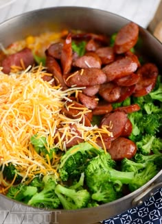 broccoli, cheese and sausage in a skillet