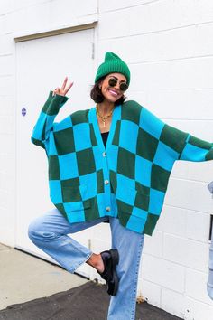 STOLEN SWEATER COLLECTION – Dressed in Lala Emerald Green Dress Cardigan, Checkerboard Cardigan, Dressed In Lala, Nylon Dress, Sweater Collection, Oversized Cardigan, Looks Chic