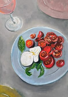 a painting of tomatoes and mozzarella on a plate with a glass of wine