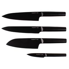 three knives with black handles on white background