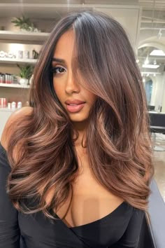 Hair Colors For Hispanics, Highlights For Dark Brown Hair Tan Skin, Hair Dye On Brown Skin, Copper Brown Balayage Brunettes, Hair Color Ideas For Mexican Women, Hair Color Ideas Dark Skin, No Bleach Hair Color For Dark Hair, Cappuccino Brown Hair, Hair For Brown Skin