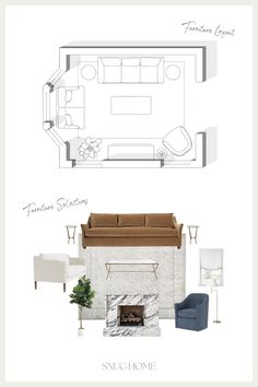 the floor plan for a living room with furniture and accessories in it, including a fireplace