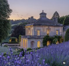 a large building surrounded by lots of trees and lavenders in front of it at dusk