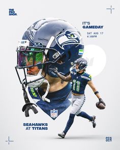 an advertisement for the seattle football team with a man in a helmet and uniform running