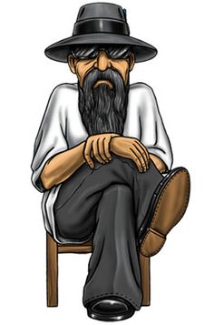 a drawing of a man with a long beard sitting in a chair wearing a hat