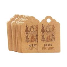 wooden christmas gift tags with trees and merry lettering on them, set of 10 pieces