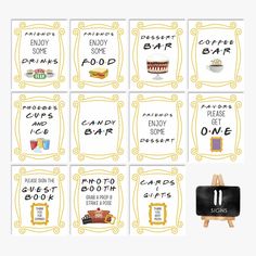 four different types of food are shown in this graphic art printables set, with the words candy bar and dessert written on them