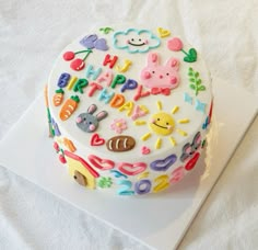 a decorated birthday cake on a white plate