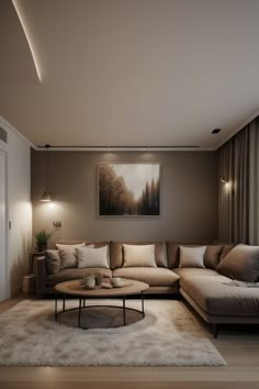 a living room filled with furniture and a painting on the wall