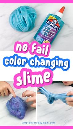 kids are playing with blue slime, and the text says no fail color changing slime