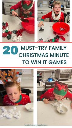 Child participating in various Christmas-themed Minute to Win It games, such as blowing cotton balls, using a spatula to transfer ornaments, and other activities. Text reads "20 Must-Try Family Christmas Minute to Win It Games". Cheap Christmas Games For Kids, Tinsel Game Ideas, Family Game Night Christmas, Fun Family Christmas Party Ideas, Christmas Min To Win It Games, Easy Holiday Games For Kids, In It To Win It Games Christmas, Christmas Minute To Win It Prizes, Kids Holiday Games For School