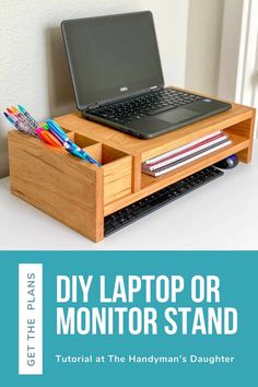 a laptop computer sitting on top of a wooden desk next to a drawer filled with pens and pencils