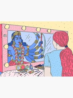 a drawing of a woman looking at a mirror with an image of a god on it