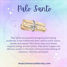 Graphic contains a digital rendering of Palo Santo and informational text about its uses. Pablo Santo Wood Benefits, Pablo Santo Cleansing, Pablo Santo Wood Use, Palo Santo Benefits, How To Use Palo Santo, Palo Santo Magical Properties, How To Use Palo Santo Sticks