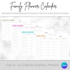 the family planner calendar is shown in three different colors and sizes, with text overlaying it