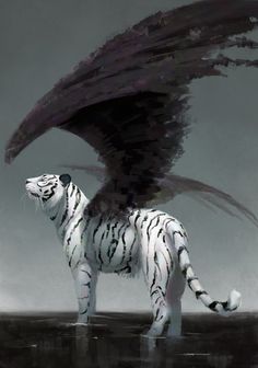 a painting of a white tiger with black wings on it's head and tail