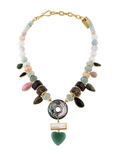 Lizzie Fortunato What's Old is New Necklace, New with Packaging Light aqua and pink morganite, quartz and gold-plated beaded necklace with pink opal, black agate, labradorite, jade, green quartz and obsidian semiprecious charms with abalone shell, mother-of-pearl and green quartz 18k gold-plate. Made in the USA. Comes with a Lizzie Fortunato branded gift pouch Colors: Pink, Pale Blue, Brown, Green, and Off-White  Measurements: Chain Length 18-21", Ornament Width 1.3", Ornament Length 3.1" RETAIL Lizzie Fortunato, Pink Morganite, Black Agate, Green Quartz, Branded Gifts, Pink Opal, Fashion Jewelry Necklaces, Fashion Watches, Semi Precious