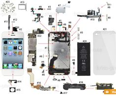 an iphone is shown with parts labeled in the diagram above it, including components and tools