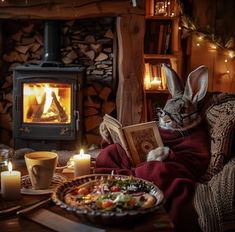 a cat sitting on a couch in front of a fireplace reading a book next to a plate of food