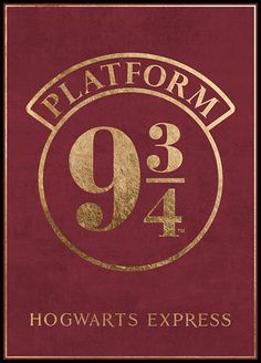 the hogwarts express logo is shown in gold on a red background, and it reads platform 94