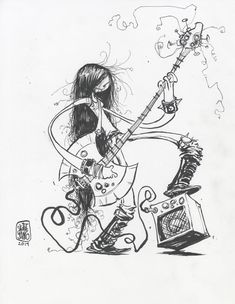 a black and white drawing of a girl playing guitar