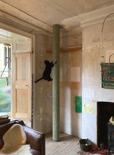 a living room filled with furniture and a cat on the top of a tall pole