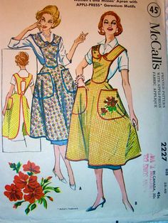 an image of two women in aprons and dresses on a sewing pattern for ladies's aprons