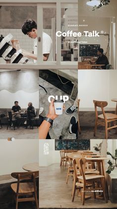 a collage of photos with people sitting at tables