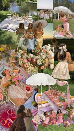 a collage of photos with women dressed in dresses and umbrellas on the grass