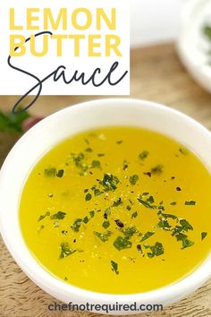 lemon butter sauce in a white bowl on a wooden table with the title above it