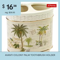 an advertisement for a toothbrush holder with palm trees on it