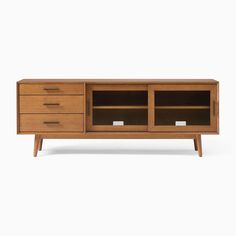 Mid-Century Glass Media Console (72"–80") Modern Media Console, Media Storage Cabinet, Media Consoles, Cabinets Storage, Eucalyptus Wood, Media Storage, Media Console, West Elm, Pottery Barn Kids