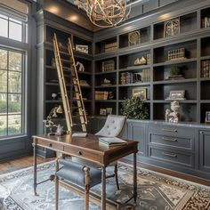 Innovative Startup Stock Photos: Work From Home In House Office Ideas, Farmhouse Style Home Library, Home Office Wall Cabinets Built Ins, Man’s Small Home Office, Library Wall Office, Bookcase For Office, Academia Style Office, Dark Academia French Country, French Modern Office