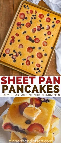 sheet pan pancakes with strawberries and blueberries on top