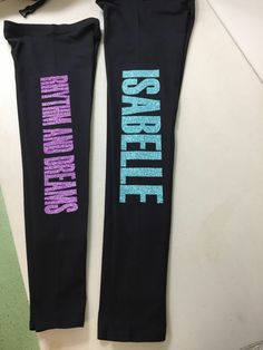 Personalised Black Leggings Which can be used for Gymnastics With Glitter Text (PLEASE NOTE THESE ARE NOT SPORT TYPE LEGGINGS I CAN GET THOSE BUT THEY ARE MORE EXPENSIVE)  Have your own name and the name of your dance school printed down whichever leg you prefer/ Glitter prints available  Neon Pink Silver Gold Neon Sky Blue Purple Lilac Hot Pink 96% cotton 4% Elastane Machine Washable Glitter Text, Kids Leggings, Dance School, Glitter Print, Leggings Kids, Purple Lilac, Outfits With Leggings, Neon Pink, Being Used