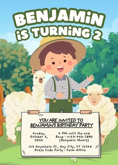 a birthday card with an image of a boy and his farm animals holding a sign that says, benjamin is turning 2