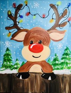 a painting of a reindeer sitting on top of a wooden fence with christmas lights hanging from it's antlers