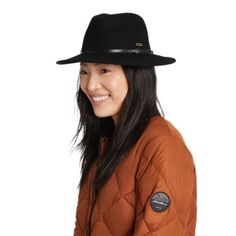 Soft wool felt not only makes a flattering fashion statement with this hat, it also provides sun and weather protection. Camping Hat, Fall Camping, Flat Brim Hat, Flats Outfit, Fall Hats, Leather Hats, Hat For Women, Hiking Outfit, Wide Brimmed Hats