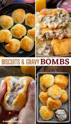 Four images of biscuits and gravy bombs.  One, overhead shows the bombs in a skillet, one from the side, with the bombs stacked, the top two are cut open, one from the side shows a hand breaking the bomb in half, and one overhead shows the bombs in a serving platter with a side of extra sausage gravy. Biscuits And Gravy Burrito, Seasoned Biscuits, Stuffed Biscuits Breakfast, Yummy Breakfast Ideas Easy, Breakfast Biscuits And Gravy, Sausage Gravy Stuffed Biscuits, Food Recipes Breakfast, Easy Meals To Make, Dinner Recipe Ideas