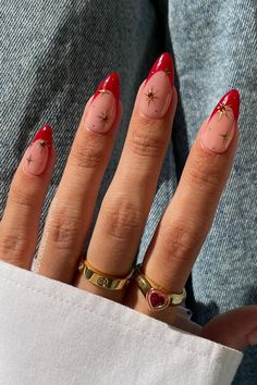 35 Trendy Red Nail Designs to Literally Fire Up Your Look in Seconds Almond Acrylic Nails Dark Colors, Red Biab Nails Short, Almond Nails Red, Short Almond Nails, Classic French Manicure, Fake Nails With Glue