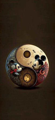 an artisticly painted yin - yang with mickey mouses on it