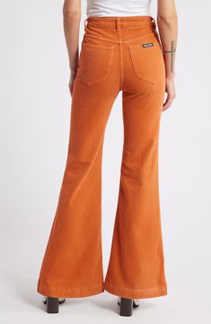 Rock a retro vibe in stretch-kissed corduroy pants fashioned with fabulously flared legs. Zip fly with button closure Five-pocket style 99% cotton, 1% elastane Machine wash, line dry Imported High Rise Cotton Flares For Fall, Flared Corduroy Bottoms For Spring, Spring Flared Corduroy Bottoms, Flare Corduroy Bottoms For Spring, Spring Flare Corduroy Bottoms, Cotton Flare Jeans With Pockets, Retro Cotton Flares For Fall, Fitted 70s Inspired Cotton Flare Jeans, 70s Inspired Fitted Flare Cotton Jeans