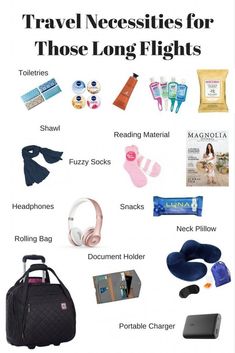 the travel necessities for those long flights are shown in this graphic above it's description