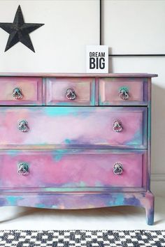 BOHEMIAN COTTON CANDY CHEST OF DRAWERS | Chloe Kempster upcycled furniture Pink Painted Furniture, Sunset Colours, Wood Chest Of Drawers, Pretty Furniture, Pink Furniture, Furniture Painting Techniques, Painted Drawers, Refinished Furniture, Boho Furniture